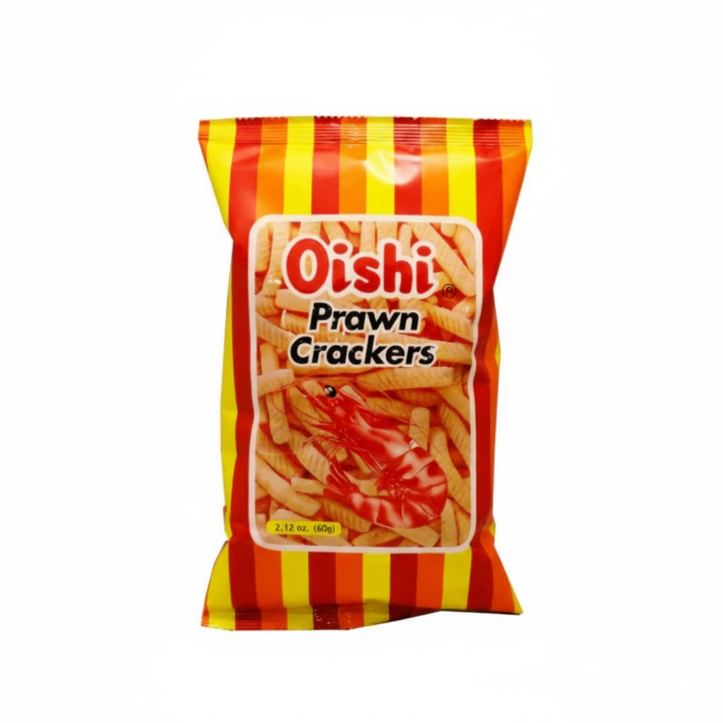 Packaged Oishi Prawn Crackers with red and yellow striped design on a white background